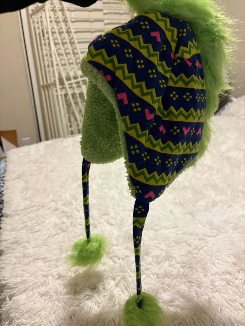 Neon Green Patterned Faux-Fur Earflap Hat